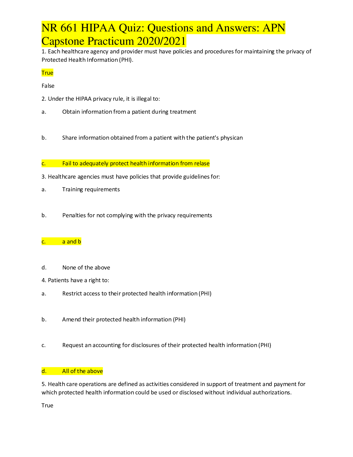 Preview of NR 661 HIPAA Quiz: Questions and Answers APN Capstone Practicum/ GRADED A/Chamberlain Coll